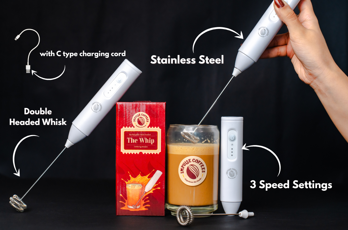 Impulse Stainless steel handheld frother with features highlighted on a black background