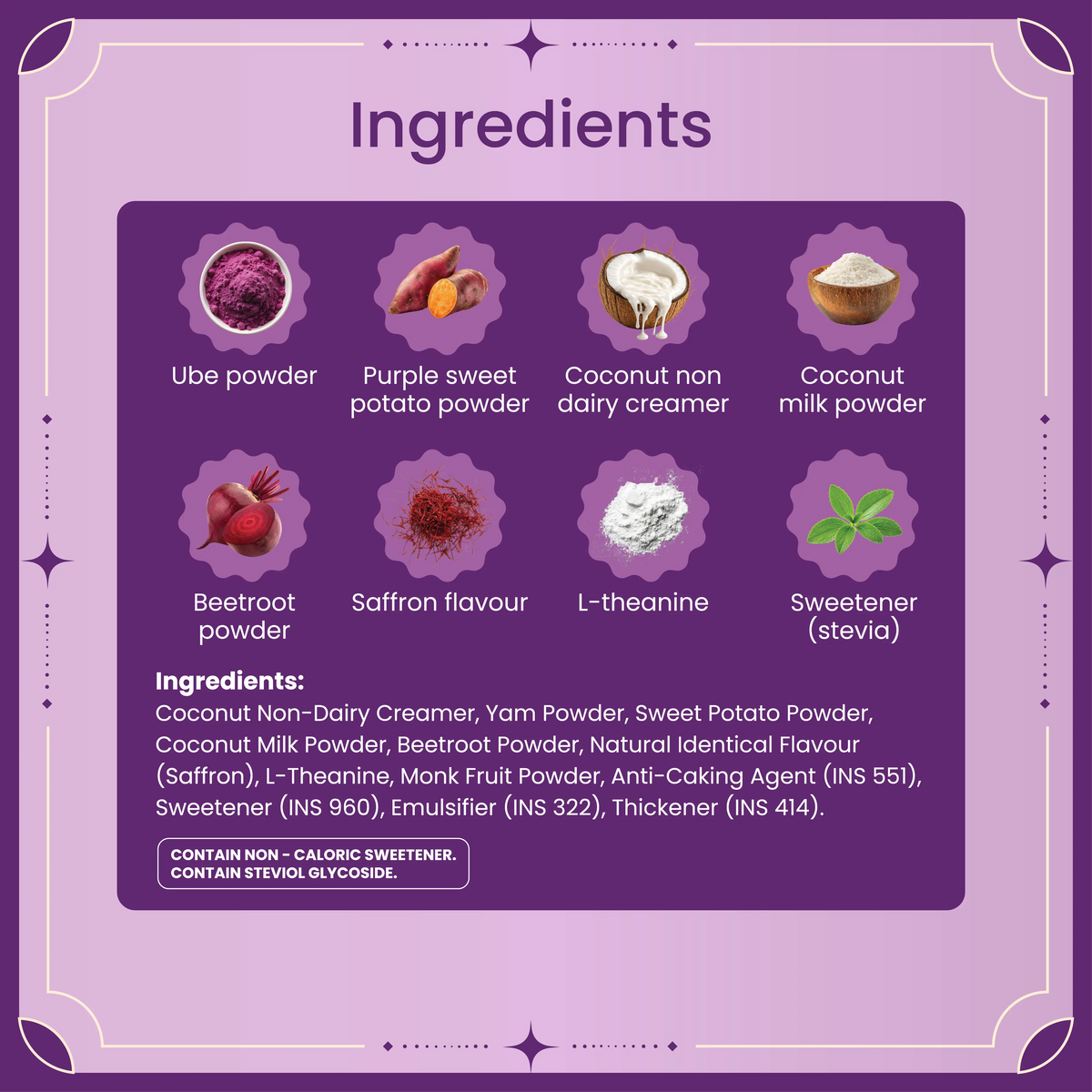 Impulse Coffees Ube Latte ingredients showing ube powder, coconut milk, beetroot, saffron, and stevia
