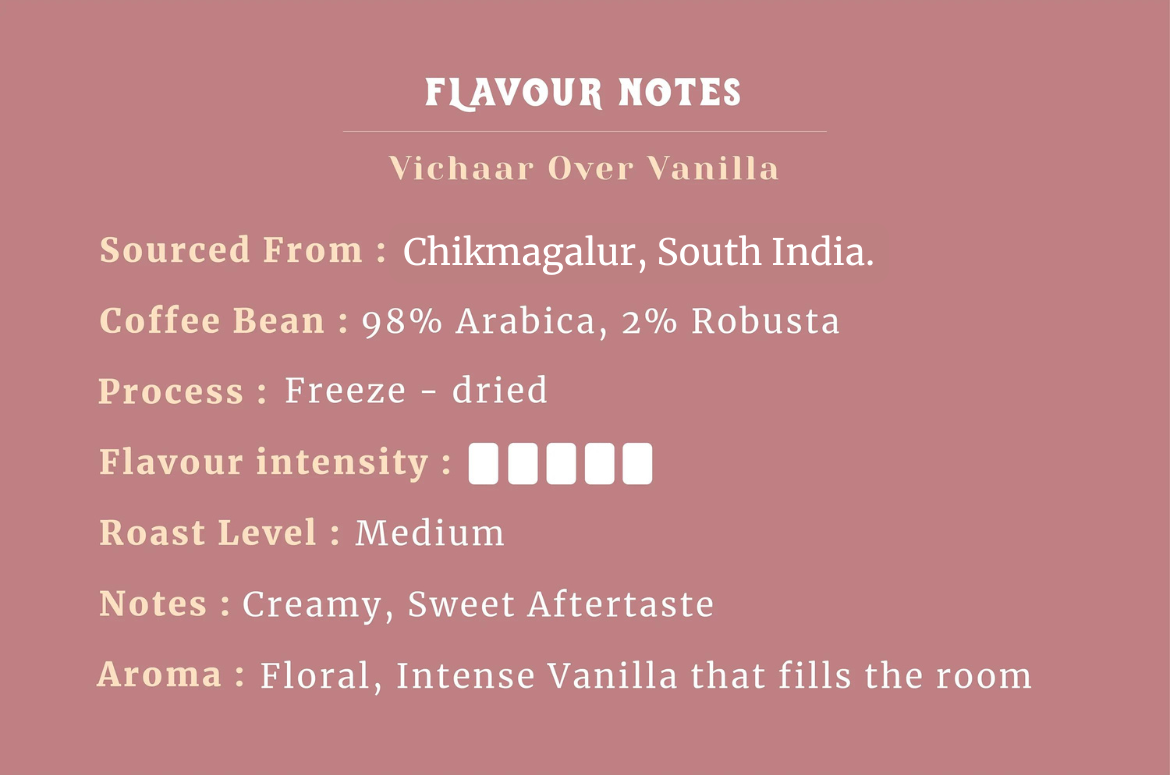 Flavour notes of Vichaar Over Vanilla coffee on a pink background