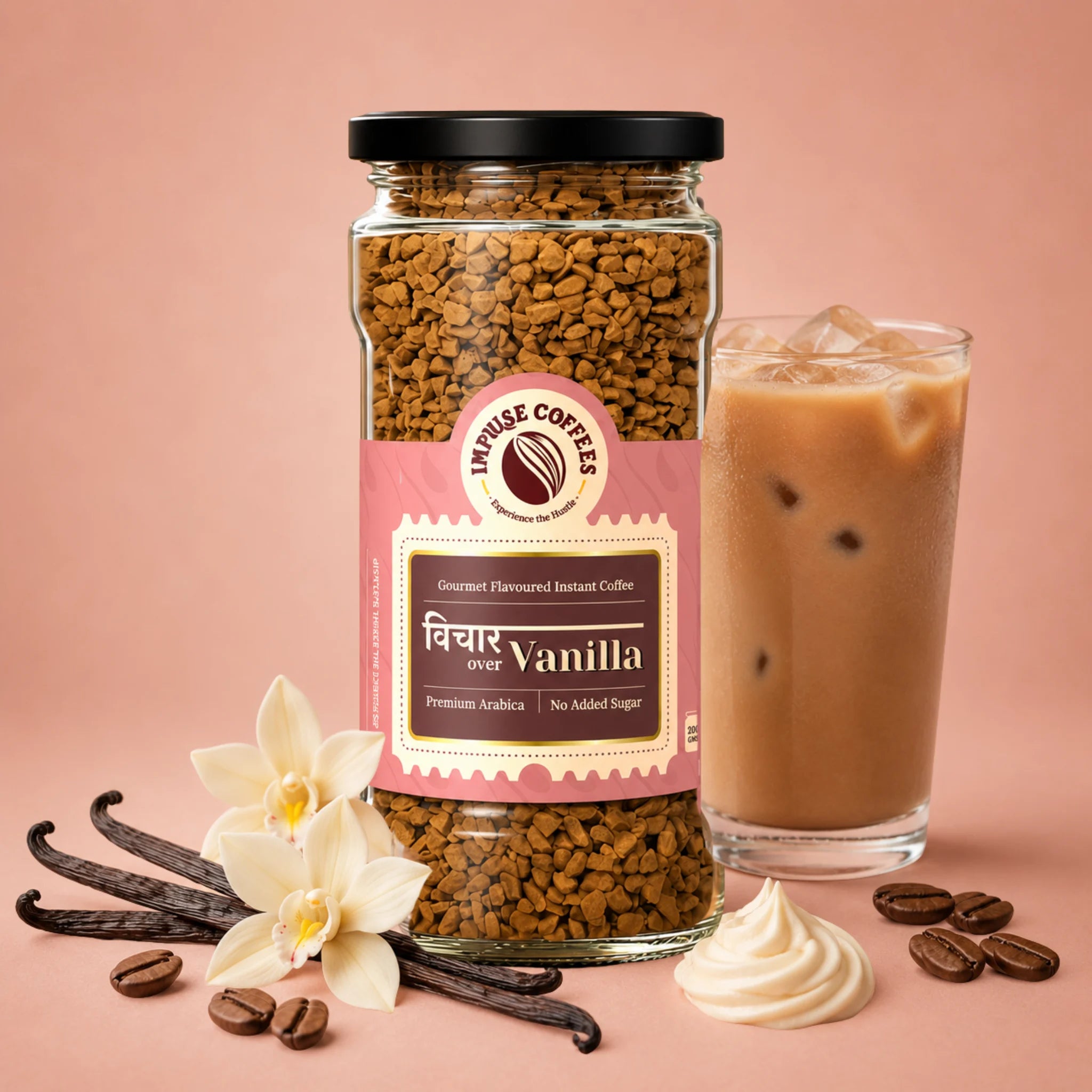 Impulse Coffees Vichaar Over Vanilla flavored instant coffee jar on a soft cream backdrop, surrounded by floating white vanilla orchid flowers, vanilla pods, and roasted coffee beans.