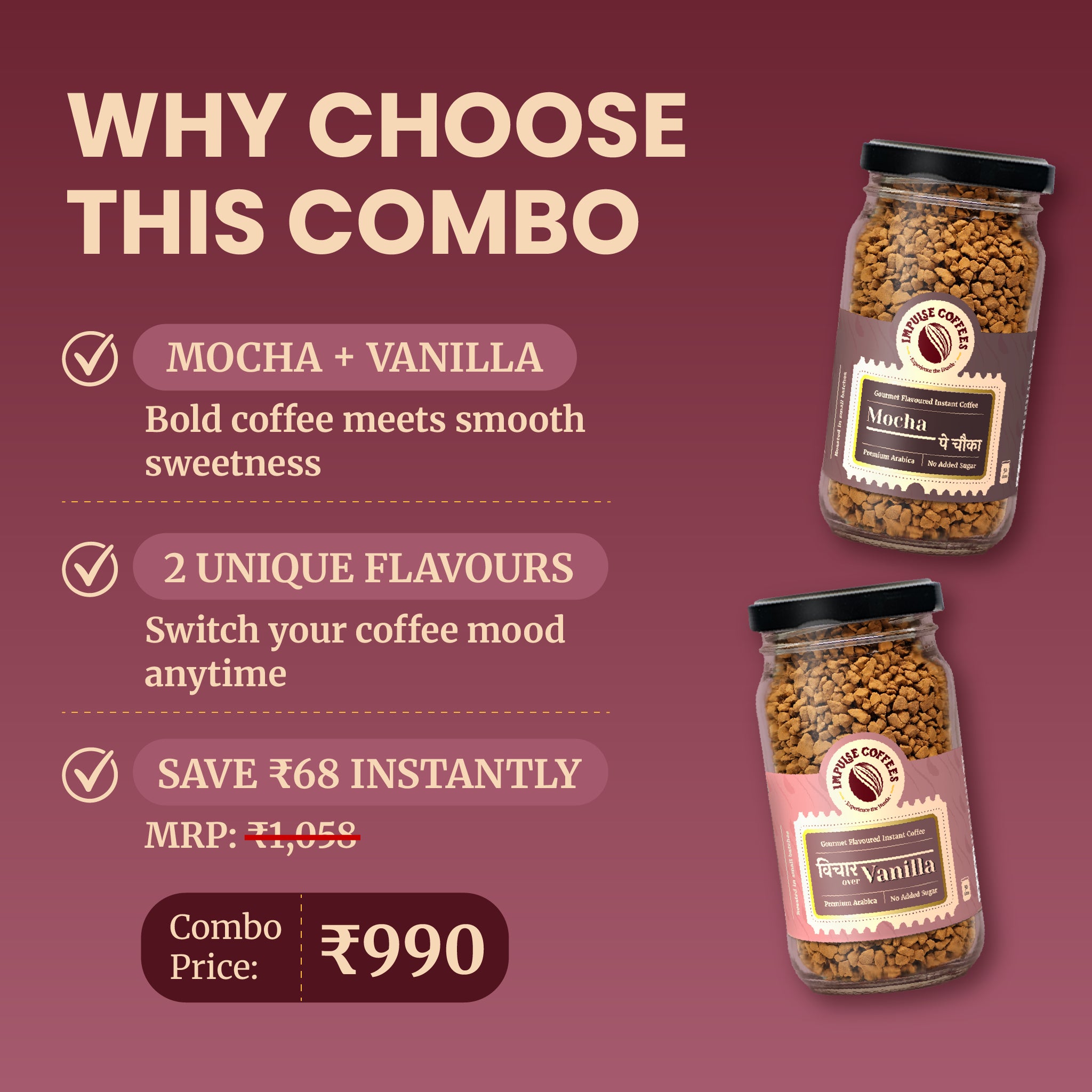Promotional e-commerce infographic for the Impulse Coffees Mocha Mode combo pack, highlighting an instant savings of ₹68 with a discounted combo price of ₹990 for a bundle featuring Mocha Pe Chauka and Vichaar Over Vanilla premium coffee jars.