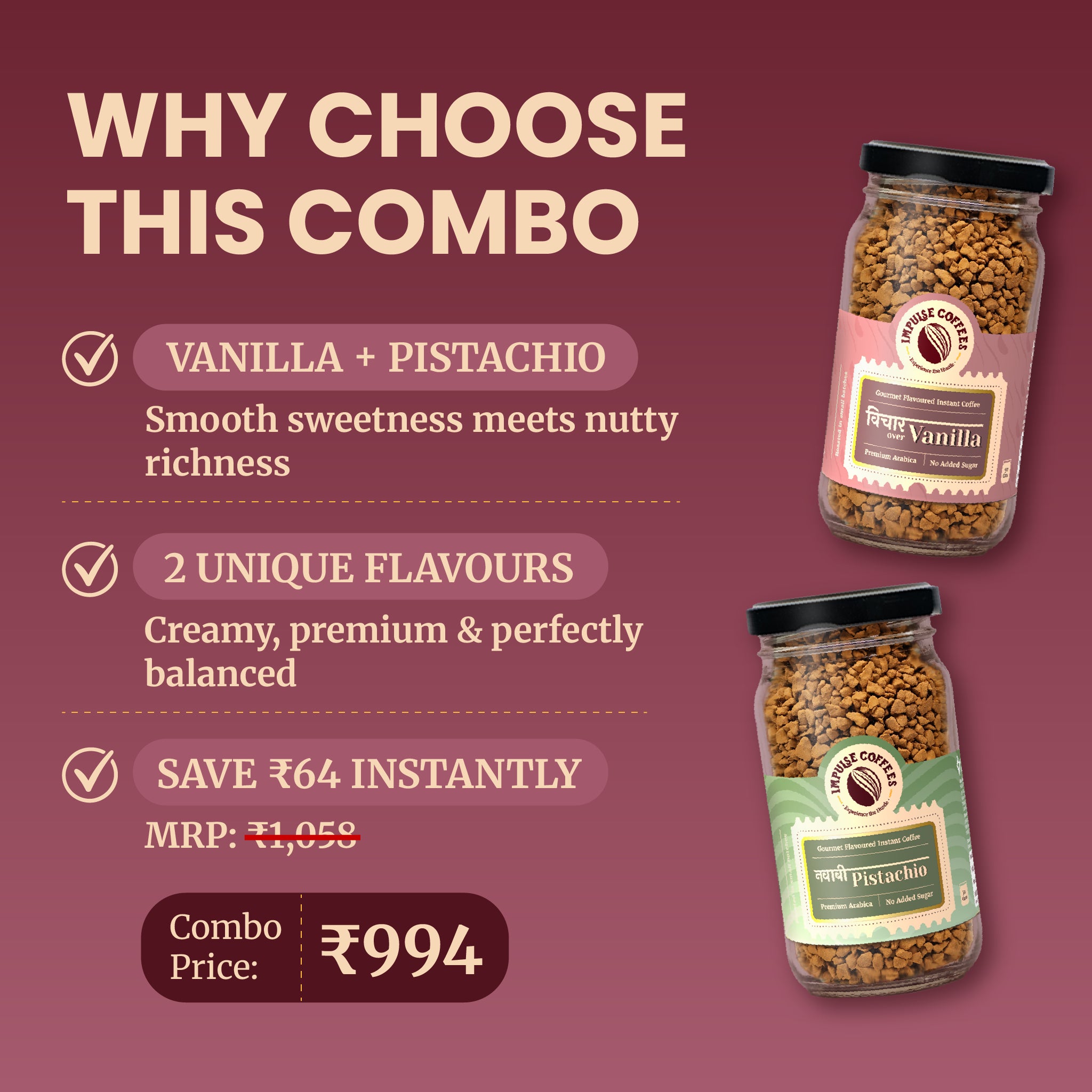 Promotional e-commerce infographic for the Impulse Coffees Nawabi Nazakat combo pack, highlighting an instant savings of ₹64 with a discounted combo price of ₹994 for a bundle containing Vichaar Over Vanilla and Nawabi Pistachio premium coffee jars.