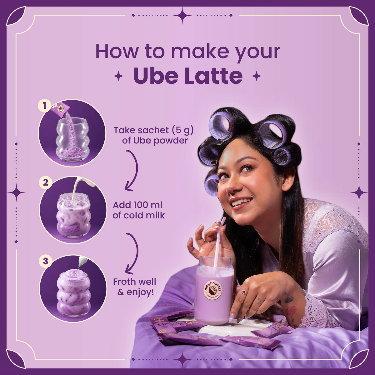 Quirky Miss showing 3-step guide on how to prepare instant Ube Latte with cold milk