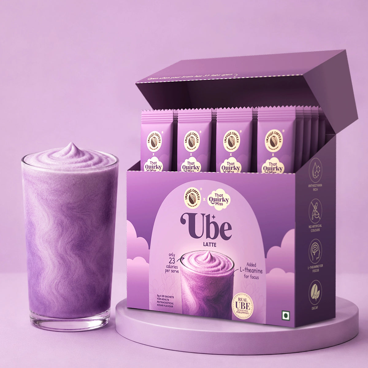 Impulse Coffees x That Quirky Miss Ube Latte box with sachets and cold purple latte glass