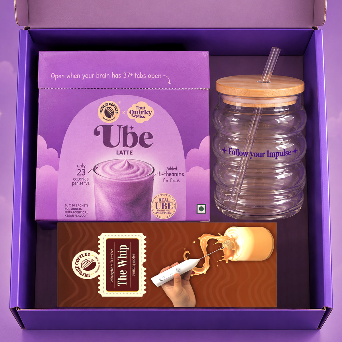 Opened Purple Ritual Era gift box showing Ube Latte sachets, glass sipper tumbler, and frother