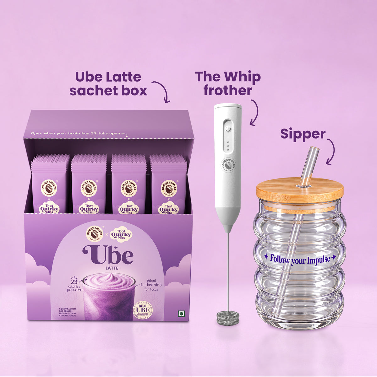 Impulse Coffees Ube Latte gift set including sachet box, rechargeable frother, and glass sipper