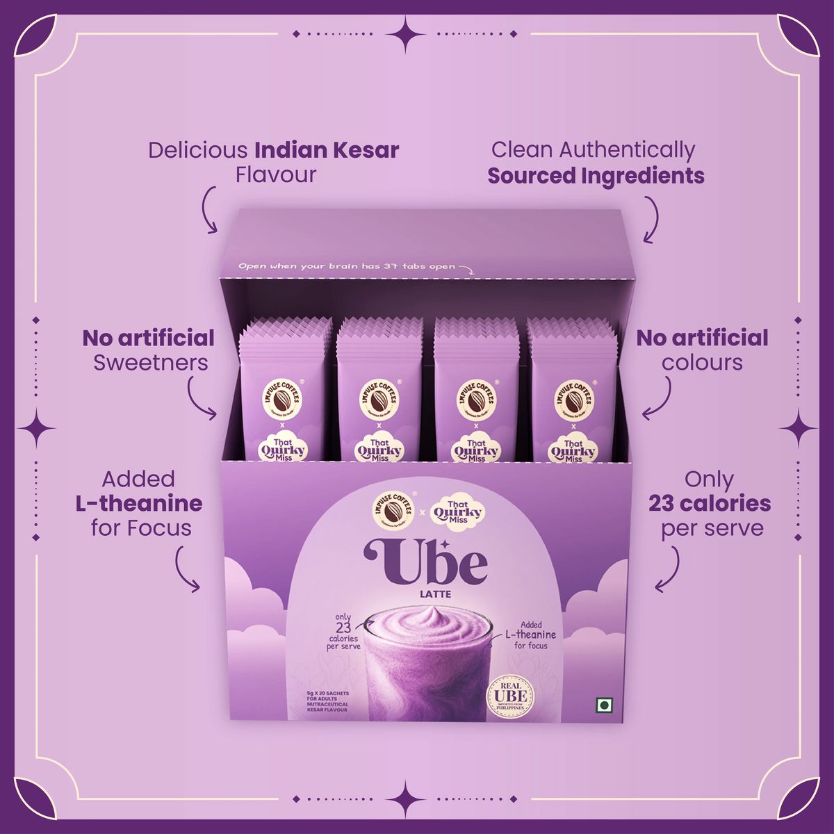 Impulse Coffees Ube Latte box highlighting Kesar flavor, L-theanine, and 23 calories per serve.