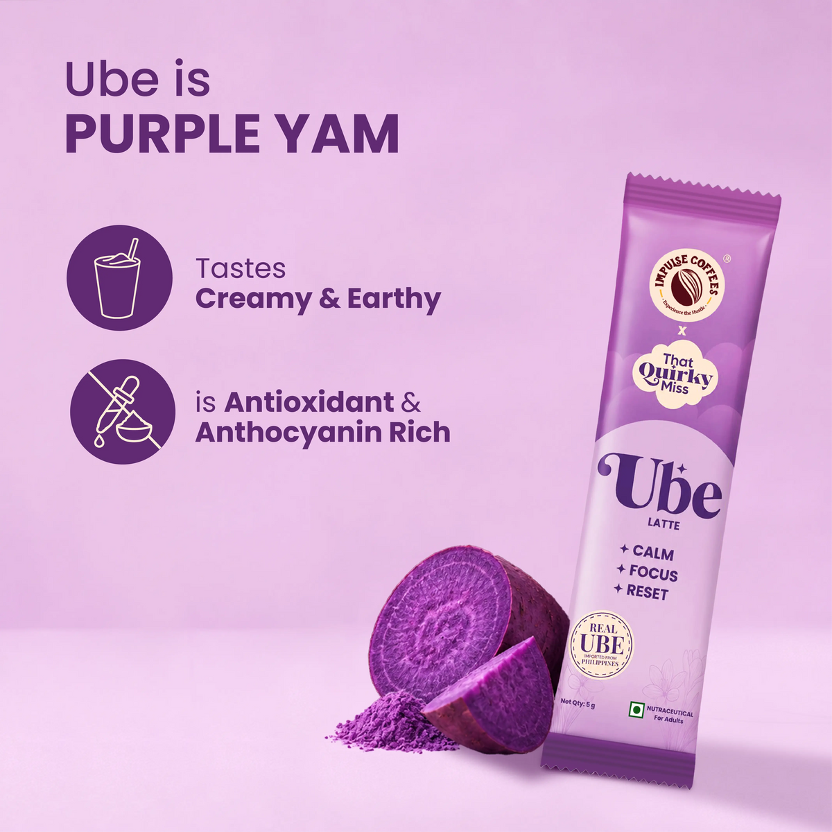 Impulse Coffees Ube Latte sachet next to fresh purple yam and powder showing antioxidant benefits